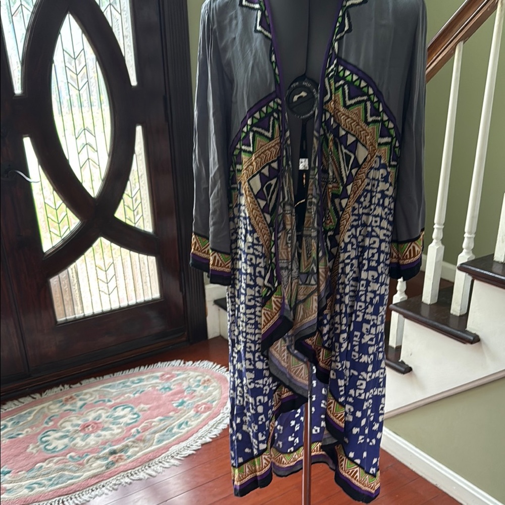 Gray and Blue Patterned Long Jacket